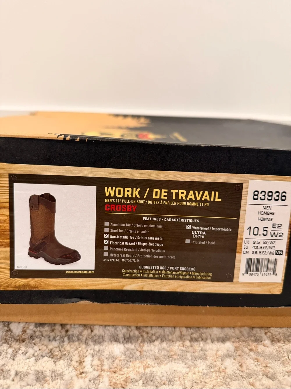 Irish Setter Crosby 83936 Men's 10.5 E2 Work Boots EH SD Safety Standards